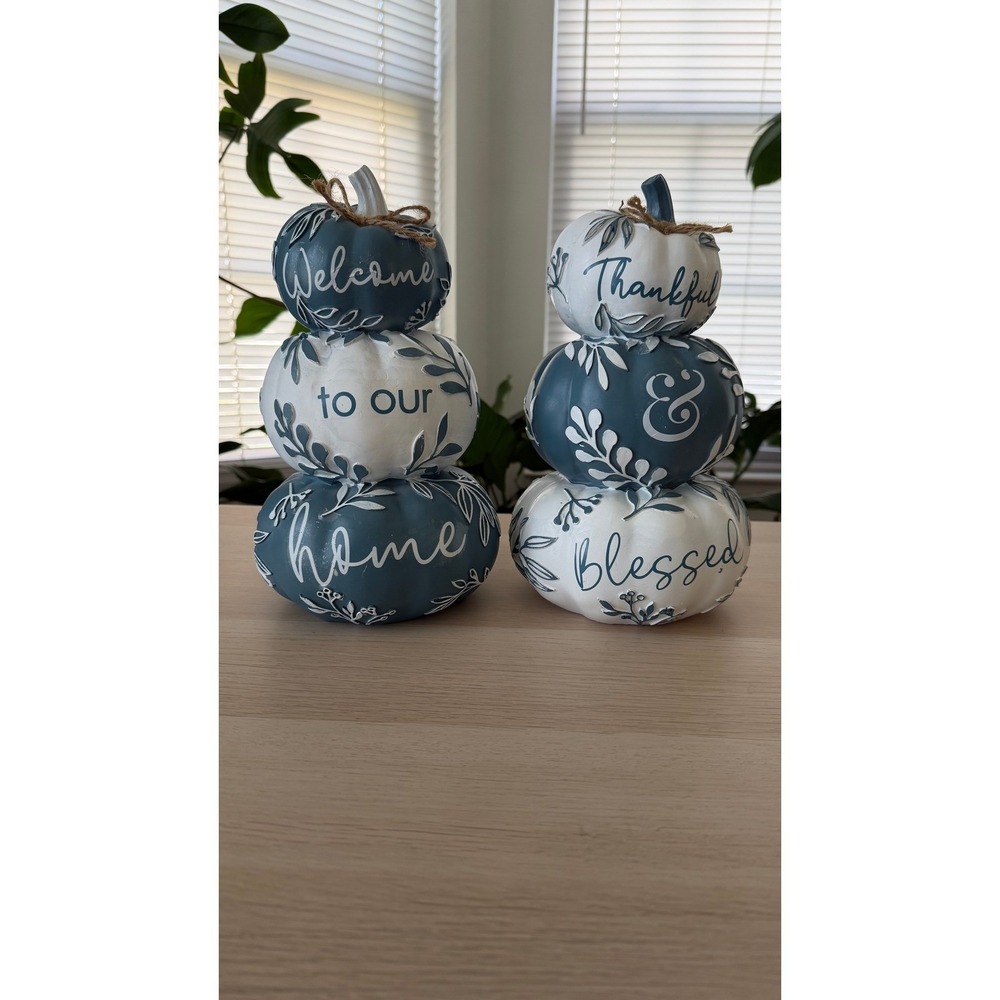 Youngs Inc Blue White Stacked Pumpkin Set Fall Decor Thankful Blessed Welcome